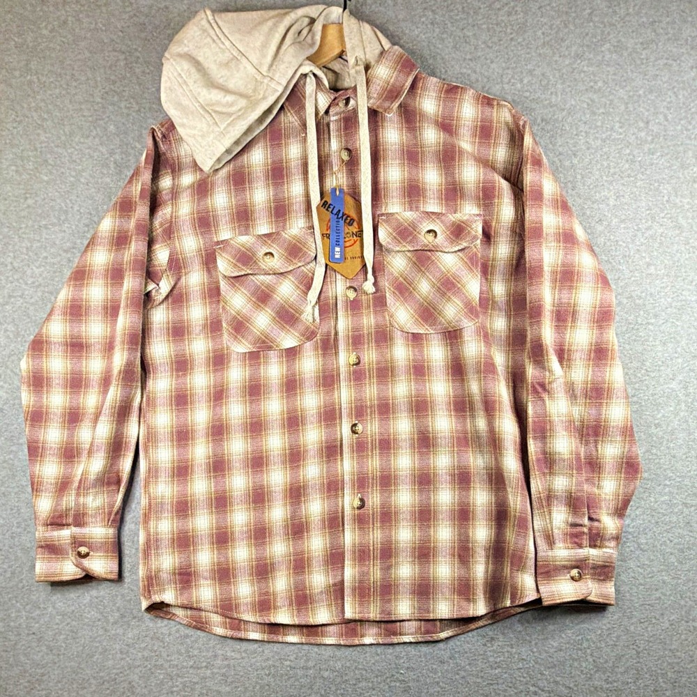 Free Planet Plaid Flannel Hooded Button-Up Shirt w/ Pockets - Men's Purple/Beige